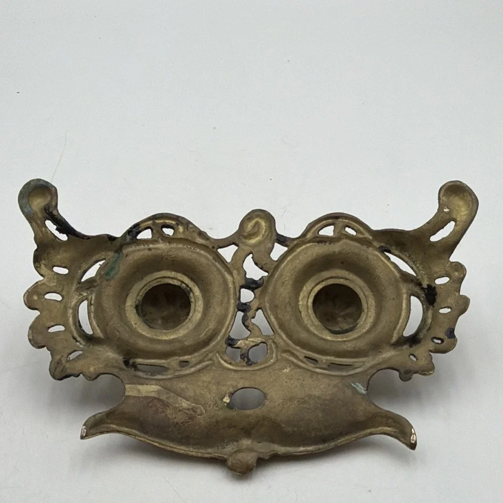 Vintage Double Ornate Brass Style Metal Inkwell JAPAN